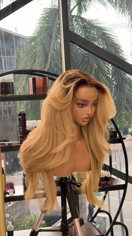 glueless layered Blonde with dark roots and 5x5 hd lace